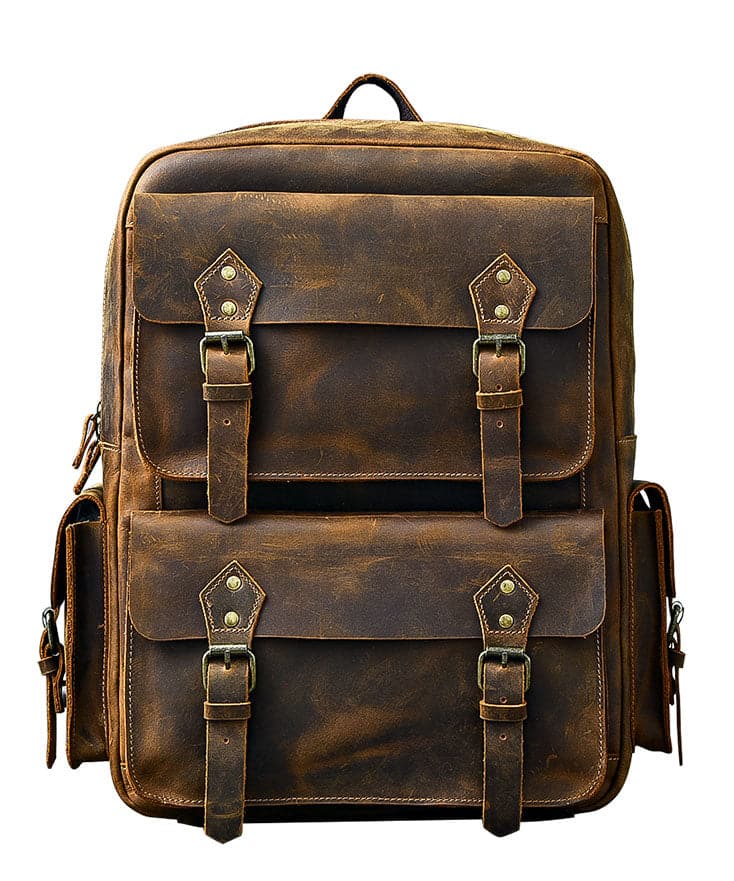  Modern Brown Calf Leather Pockets Solid Color Backpack Bag - Handbags - DYAVOR® 