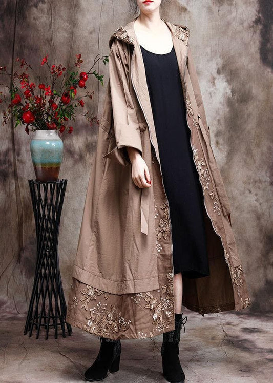  Modern Hooded Plus Size Coat For Woman Khaki Embroidery Trench Coat - Trench coats - DYAVOR® 