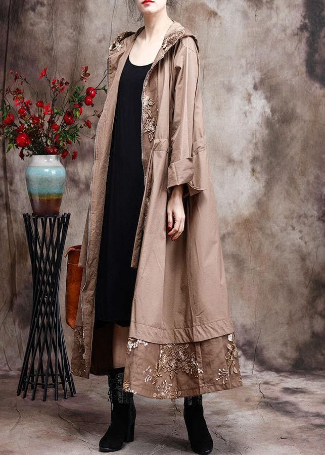  Modern Hooded Plus Size Coat For Woman Khaki Embroidery Trench Coat - Trench coats - DYAVOR® 