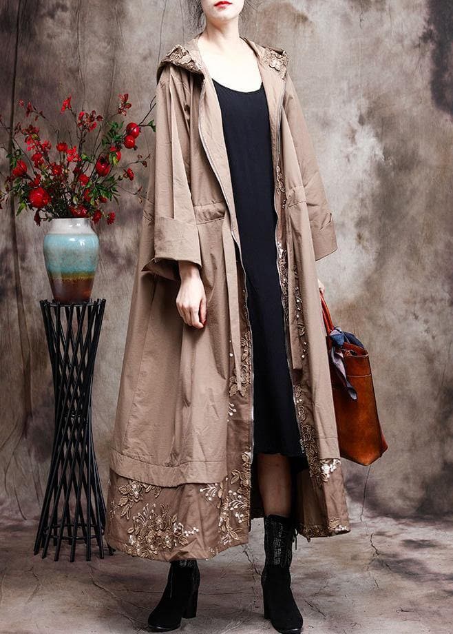  Modern Hooded Plus Size Coat For Woman Khaki Embroidery Trench Coat - Trench coats - DYAVOR® 