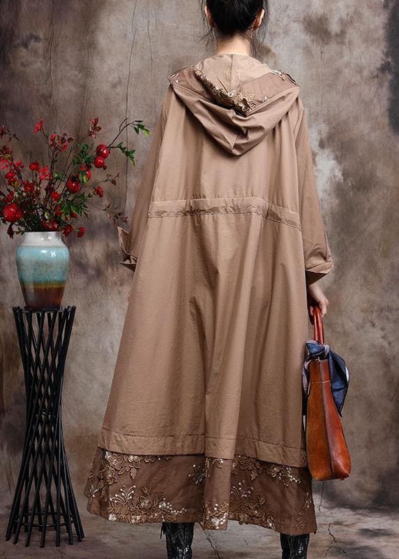 Modern Hooded Plus Size Coat For Woman Khaki Embroidery Trench Coat - Trench coats - DYAVOR® 