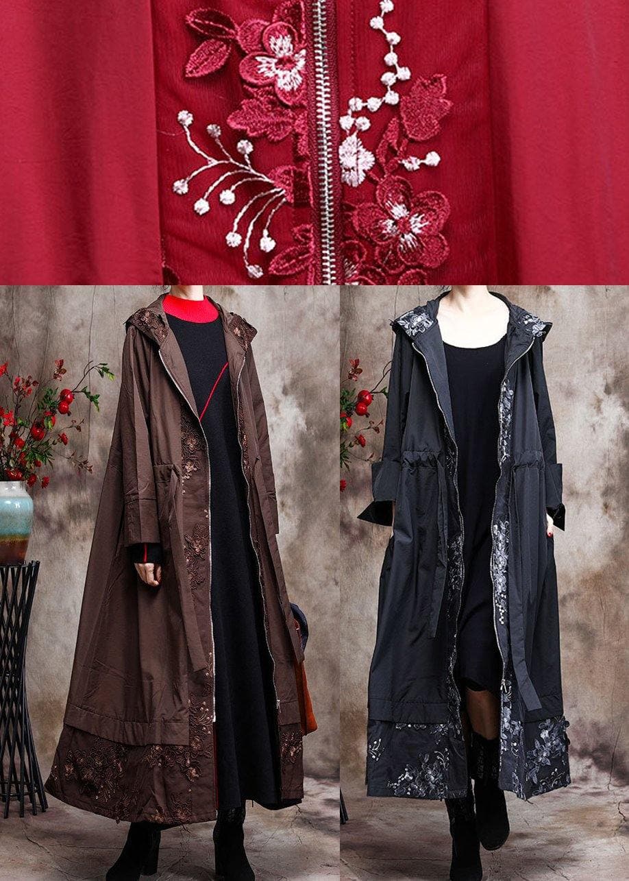  Modern Hooded Plus Size Coat For Woman Khaki Embroidery Trench Coat - Trench coats - DYAVOR® 