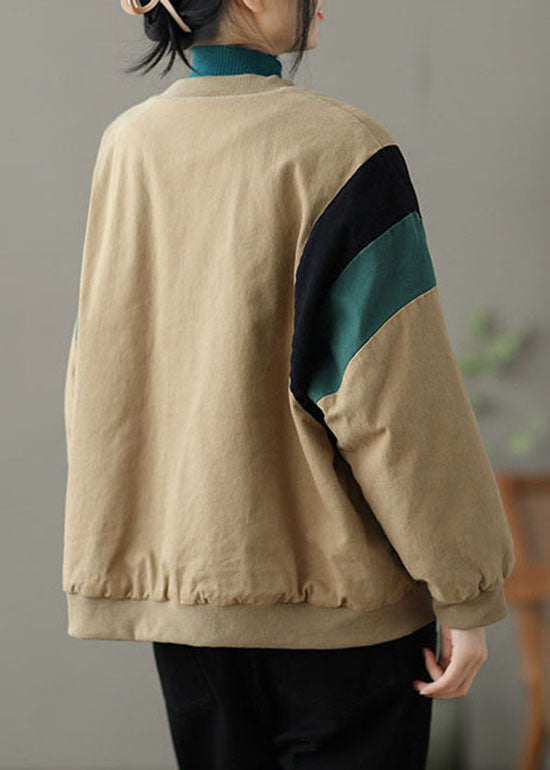 Modern Khaki O-Neck Pockets Patchwork Fine Cotton Filled Jacket Spring