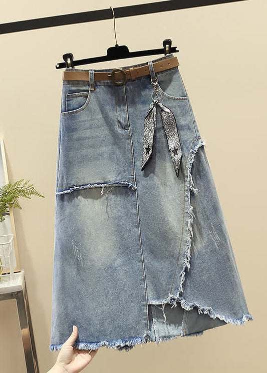  Modern Light Blue High Waist Asymmetrical Sashes Pendant Pockets Cotton Denim Skirt Summer - Skirts - DYAVOR® 