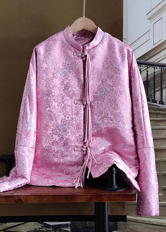  Modern Pink Stand Collar Jacquard Tasseled Fine Cotton Filled Coats Winter - Down Jackets - DYAVOR® 