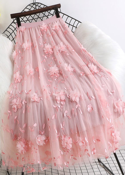  Natural Pink Embroideried Floral tulle Skirts Spring - Skirts - DYAVOR® 