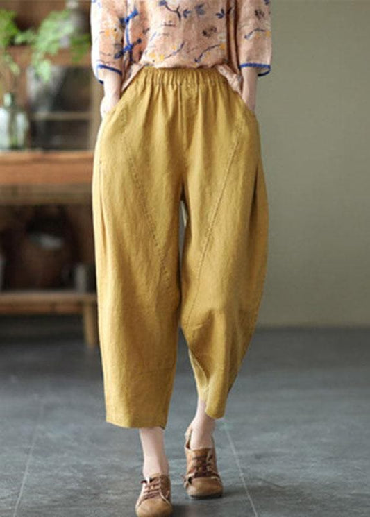  Natural Yellow Elastic Waist Summer Linen Harem Pants - Pants - DYAVOR® 