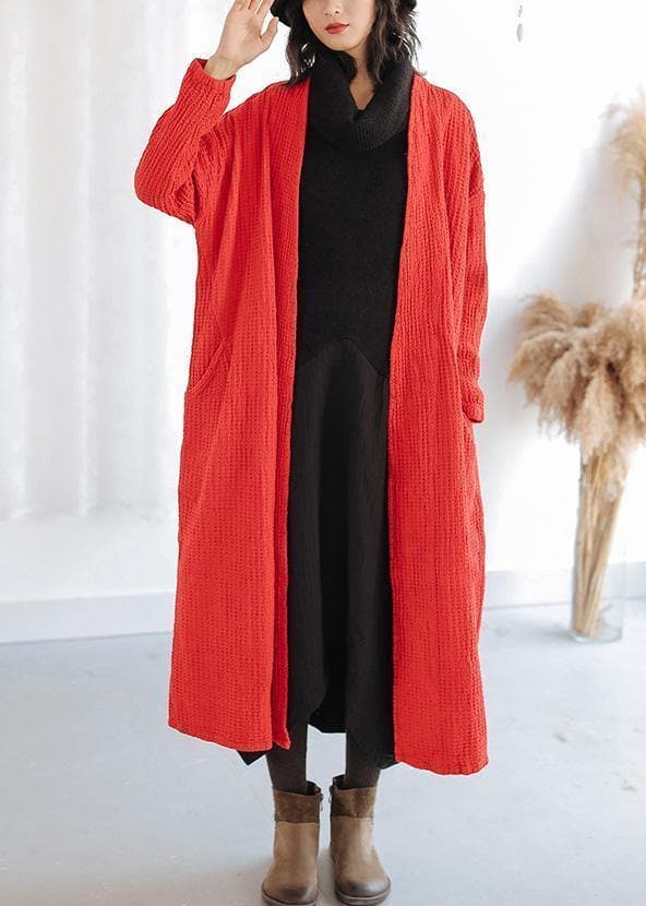 Natural red Plus Size trench coat Outfits pockets fall women coats