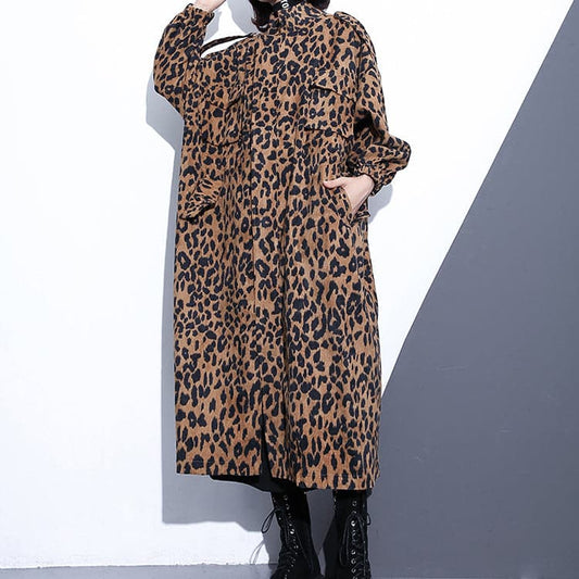  New Leopard coats plus size clothing Stand zippered trench coat women long sleeve pockets baggy cotton blended Coat -  - DYAVOR® 