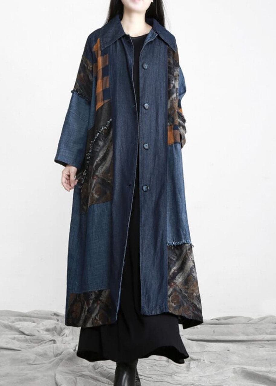  New denim blue Patchwork Button tie waist Fall trench coats - Coats - DYAVOR® 