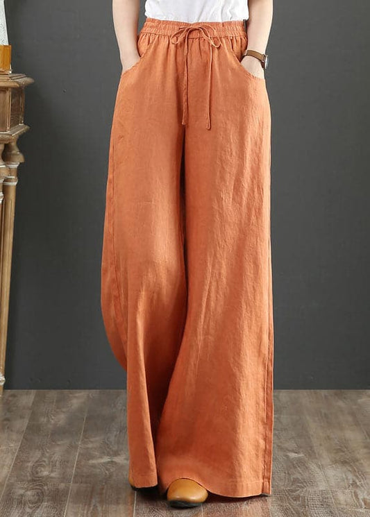  Orange Elastic Waist Linen Straight Pants Solid Color Drawstring Summer - Pants - DYAVOR® 