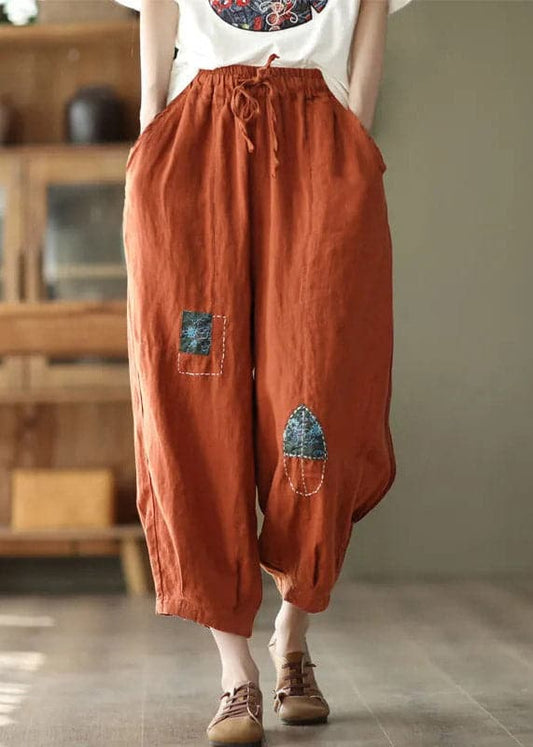  Orange Pockets Tie Waist Linen Harem Pants Summer - Pants - DYAVOR® 