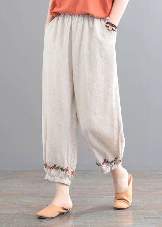  Organic Beige Embroideried Floral Pockets Crop Pants Summer - Crop Pants - DYAVOR® 