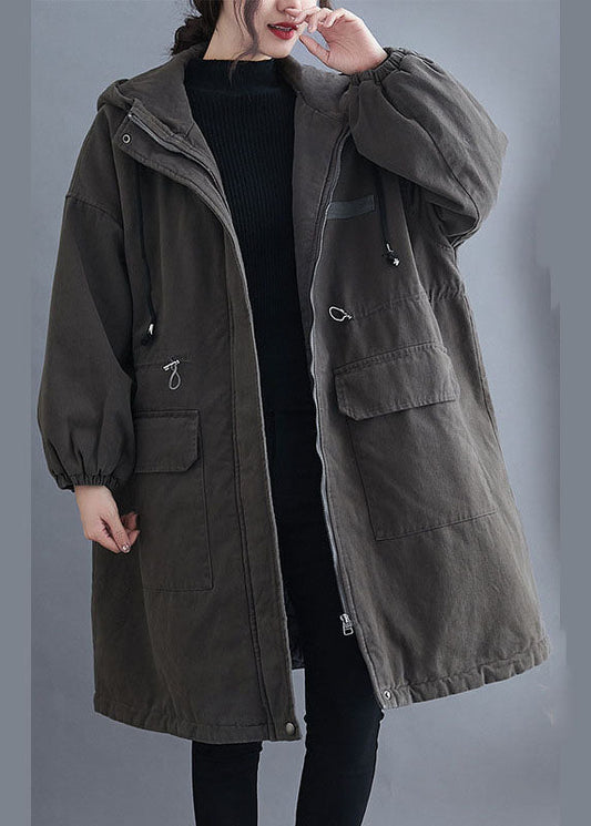  Organic Grey Hooded Zippered Pockets Winter Long sleeve Coat - Down Jackets - DYAVOR® 