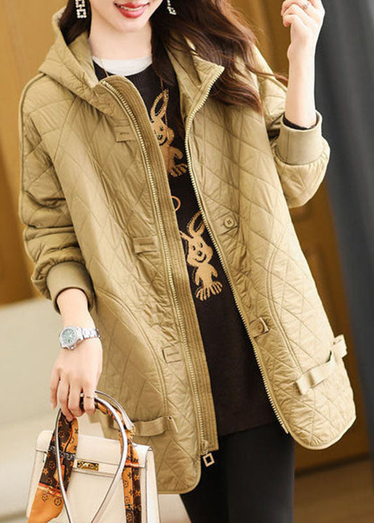  Organic Khaki Plaid Zippered Drawstring Fine Cotton Filled Hoodie Down Jackets Winter - Down Jackets - DYAVOR® 