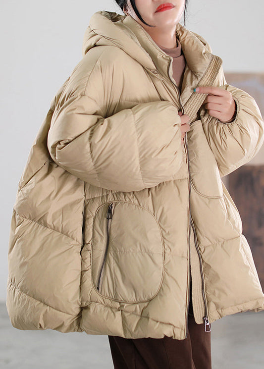  Organic Khaki Stand Collar Zippered Patchwork Hooded Duck Down Down Coat Winter - Down Jackets - DYAVOR® 