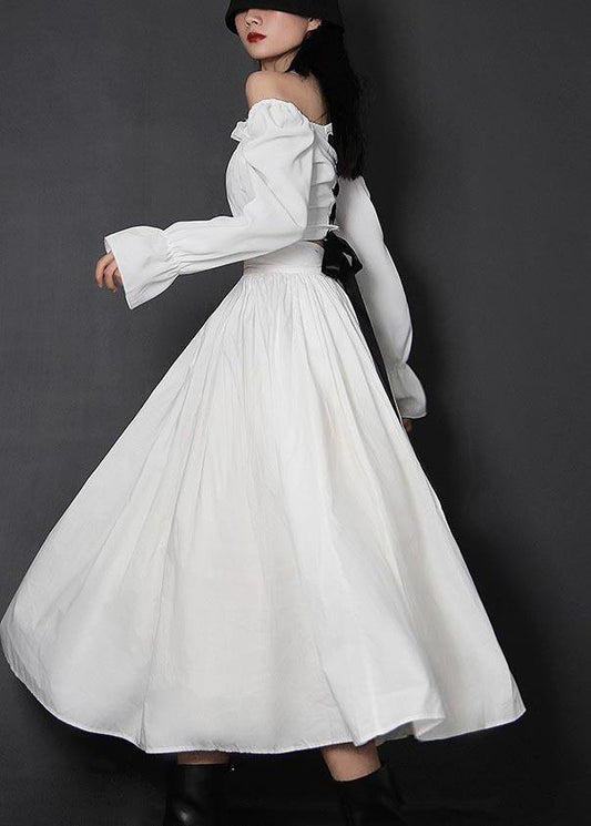  Organic White High Waist Cinched Patchwork Summer Cotton Skirts - Skirts - DYAVOR® 