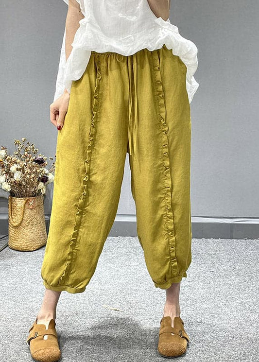  Organic Yellow Ruffled Pockets Linen Crop Pants Summer - Crop Pants - DYAVOR® 