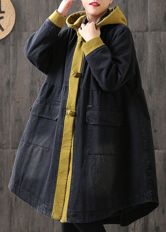  Organic Yellow hooded Button Pockets Patchwork Winter Cotton Long sleeve Coat - Down Jackets - DYAVOR® 