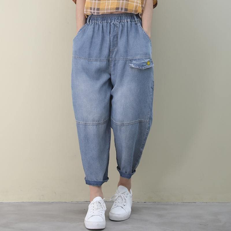  Organic denim blue vintage elastic waist patchwork pants -  - DYAVOR® 