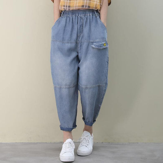  Organic denim blue vintage elastic waist patchwork pants -  - DYAVOR® 