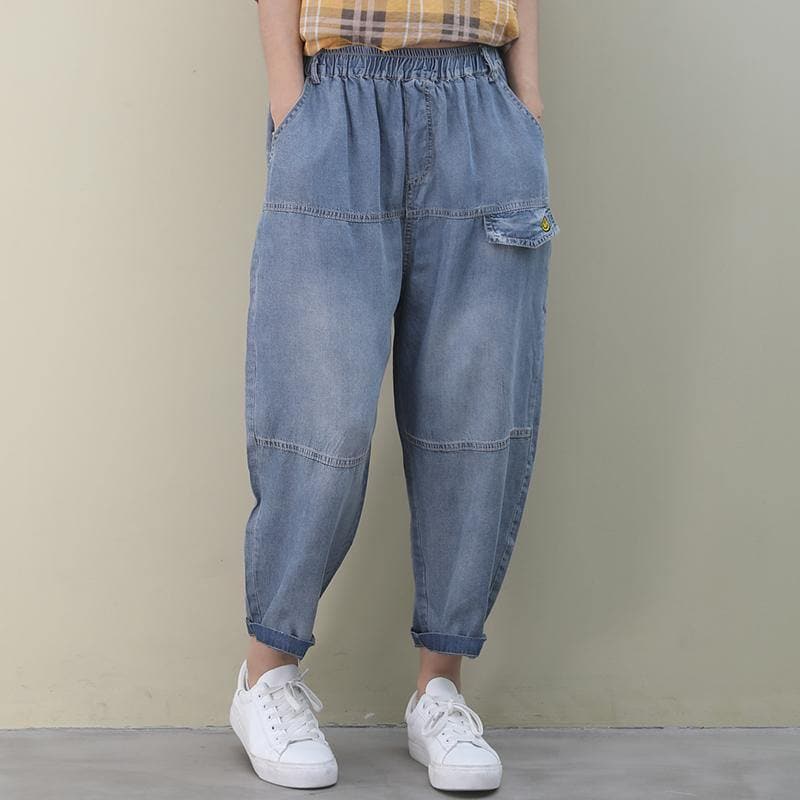  Organic denim blue vintage elastic waist patchwork pants -  - DYAVOR® 
