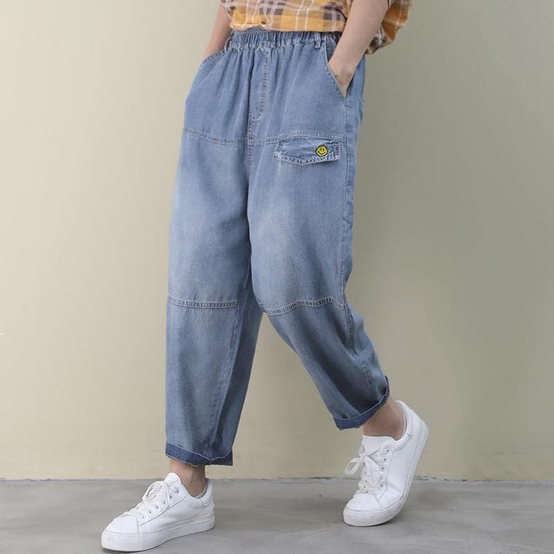  Organic denim blue vintage elastic waist patchwork pants -  - DYAVOR® 