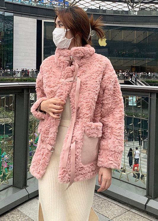 Pink Stand Collar tie Faux Fur Coat Winter - Down Jackets - DYAVOR® 