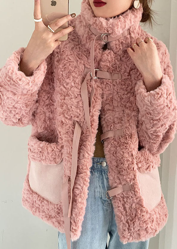  Pink Stand Collar tie Faux Fur Coat Winter - Down Jackets - DYAVOR® 