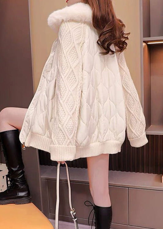  Plus Size Beige Fur Collar Knit Patchwork Parka Winter - Down Jackets - DYAVOR® 