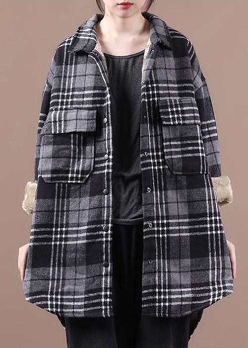 Plus Size Black Asymmetrical Plaid Fleece Wool Lined Coats Winter