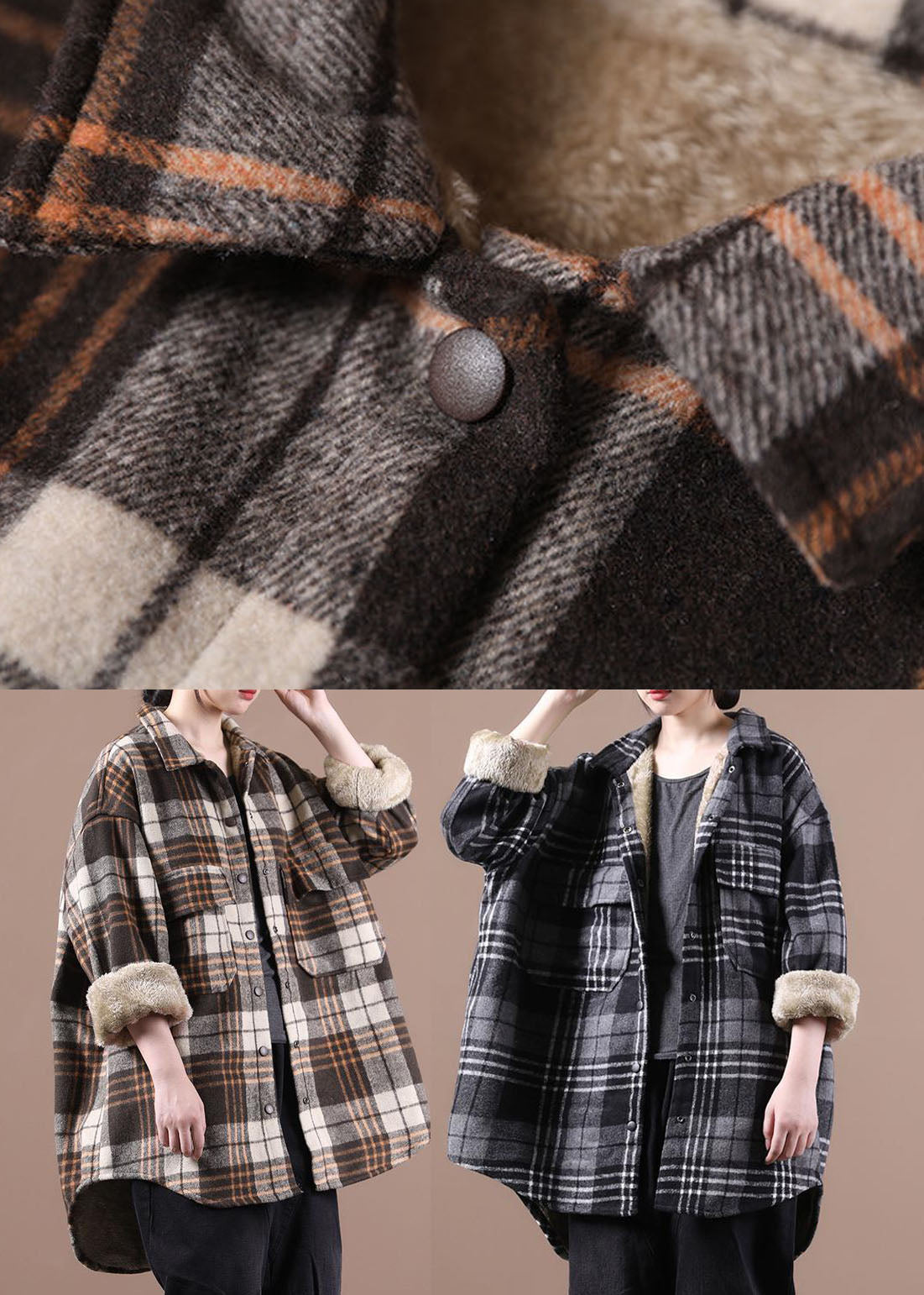 Plus Size Black Asymmetrical Plaid Fleece Wool Lined Coats Winter