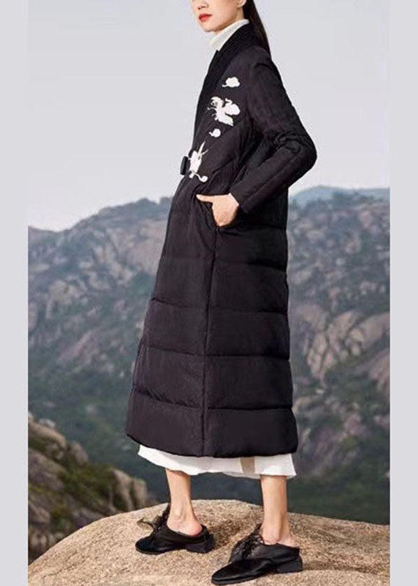 Plus Size Black Embroideried Tie Waist Duck Down Puffer Coat Winter