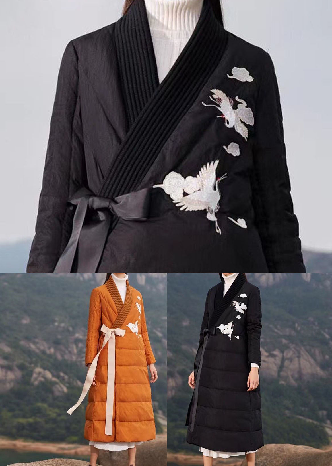 Plus Size Black Embroideried Tie Waist Duck Down Puffer Coat Winter