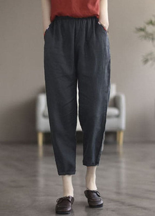  Plus Size Black Solid Pockets Linen Crop Pants Summer - Crop Pants - DYAVOR® 