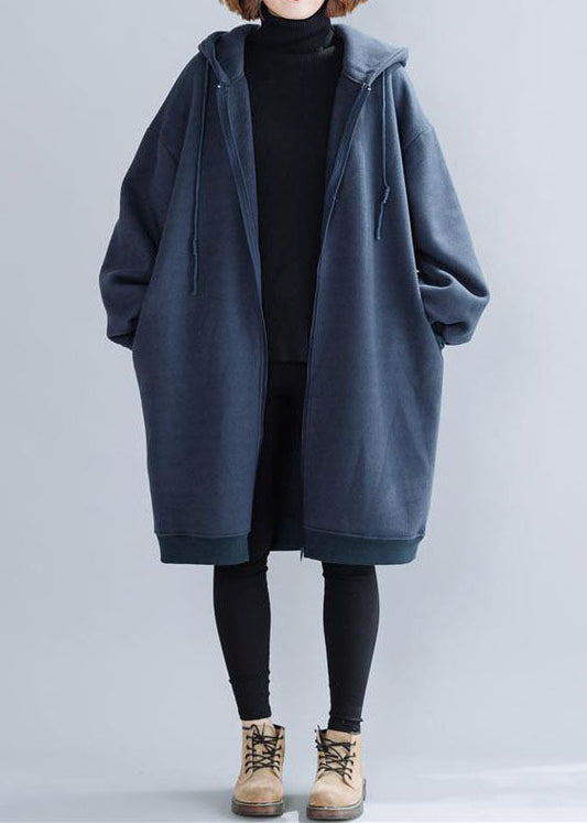  Plus Size Blue Hooded Drawstring Pockets Warm Fleece Jackets Winter - Coats - DYAVOR® 