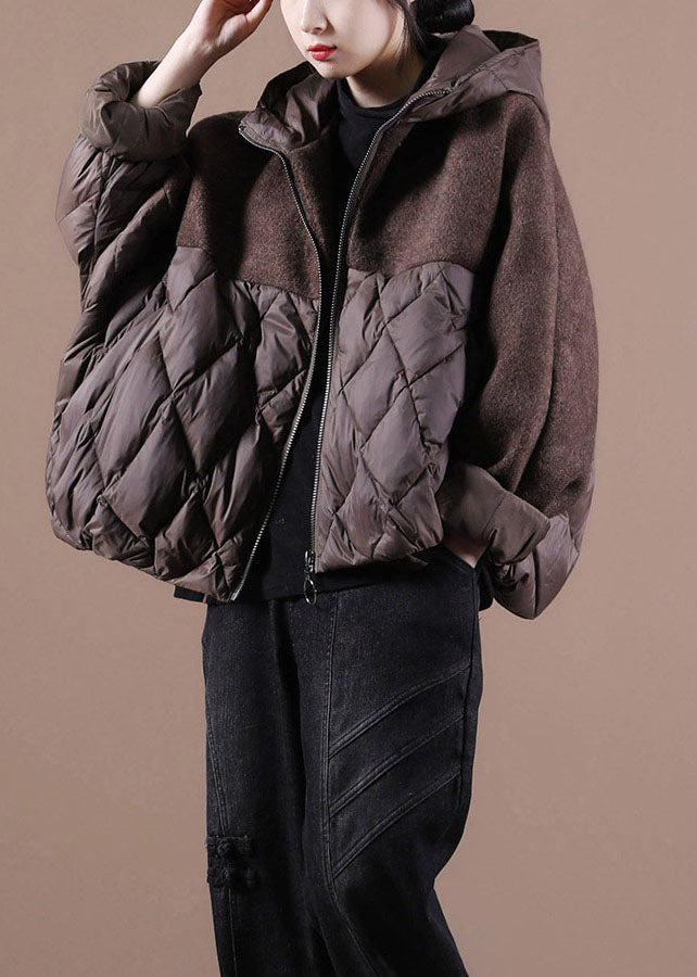  Plus Size Chocolate Hooded Patchwork Duck Down Winter down coat - Down Jackets - DYAVOR® 