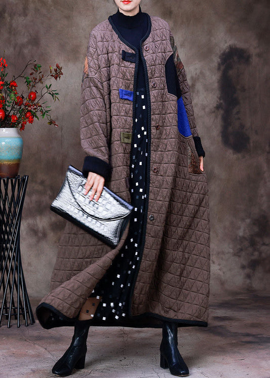  Plus Size Chocolate O-Neck Patchwork Applique Fine Cotton Filled Witner Coat Long sleeve - Down Jackets - DYAVOR® 