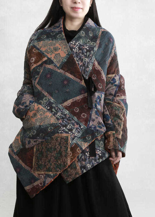  Plus Size Green Asymmetrical Design Print Fine Cotton Filled Coats Winter - Down Jackets - DYAVOR® 