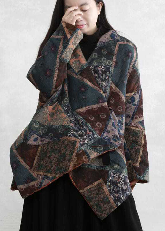  Plus Size Green Asymmetrical Design Print Fine Cotton Filled Coats Winter - Down Jackets - DYAVOR® 