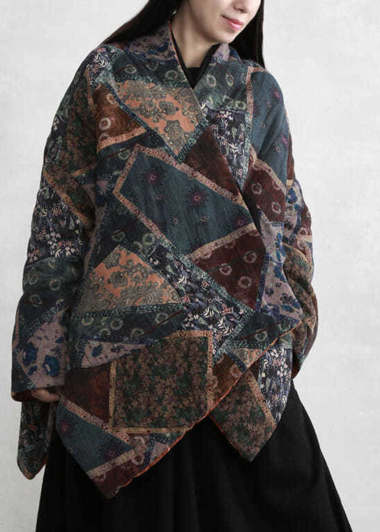  Plus Size Green Asymmetrical Design Print Fine Cotton Filled Coats Winter - Down Jackets - DYAVOR® 