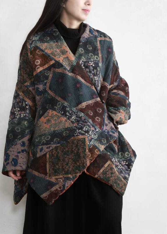  Plus Size Green Asymmetrical Design Print Fine Cotton Filled Coats Winter - Down Jackets - DYAVOR® 