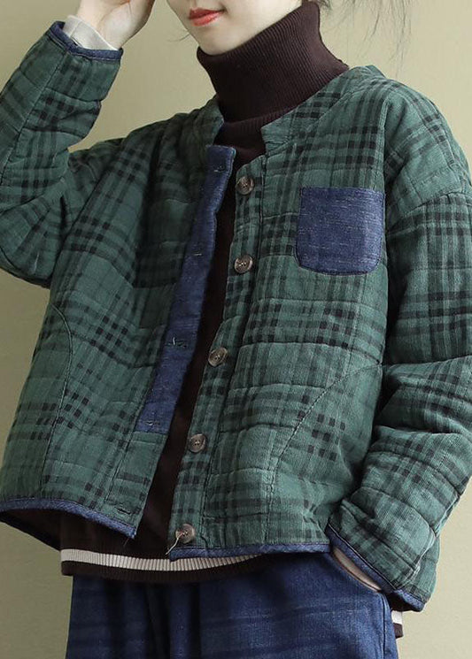  Plus Size Green Plaid Button Patchwork Winter Jackets Long sleeve - Down Jackets - DYAVOR® 