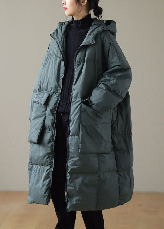  Plus Size Green hooded Zippered Pockets Winter Down Coat Long sleeve - Down Jackets - DYAVOR® 