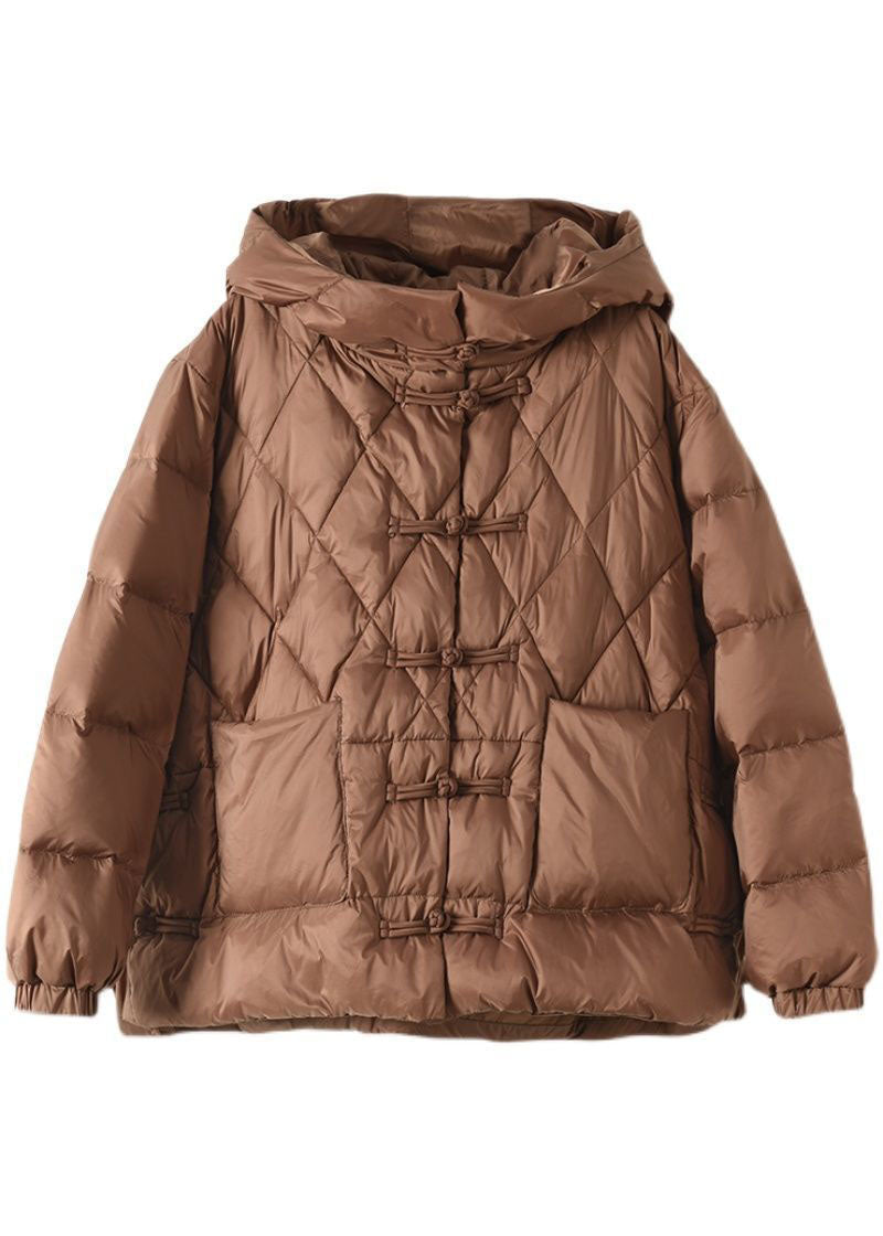  Plus Size Khaki Hooded Oriental Button Pockets Duck Down Down Jacket Winter - Down Jackets - DYAVOR® 