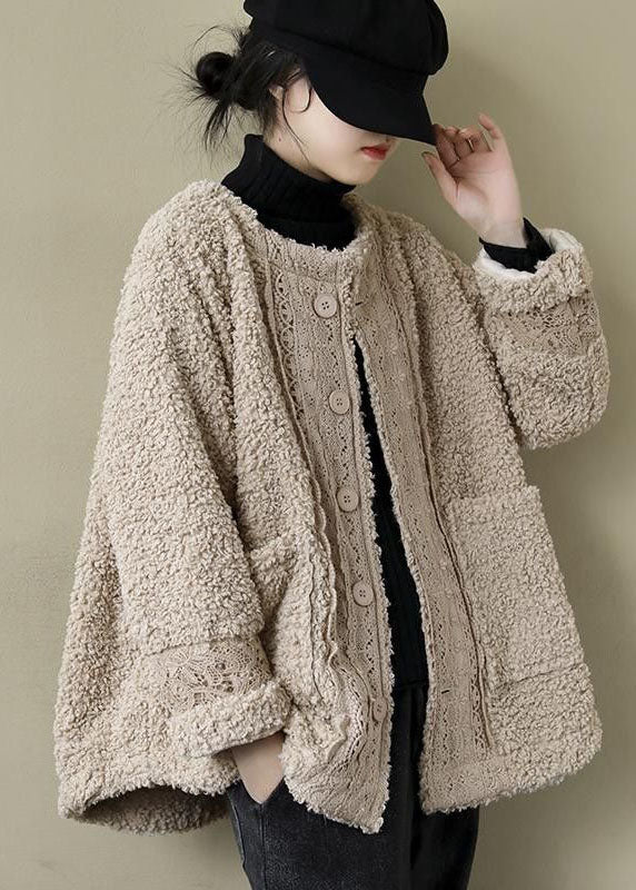  Plus Size Khaki O-Neck Lacer Patchwork Teddy Faux Fur Parka Winter - Down Jackets - DYAVOR® 