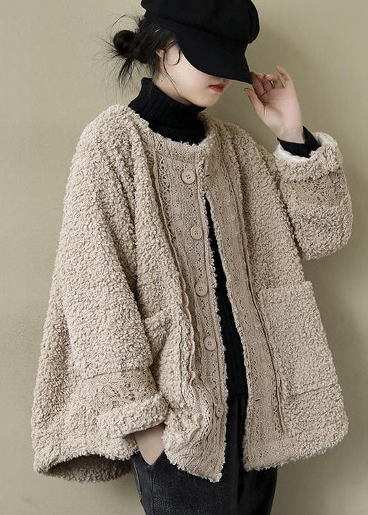  Plus Size Khaki O-Neck Lacer Patchwork Teddy Faux Fur Parka Winter - Down Jackets - DYAVOR® 