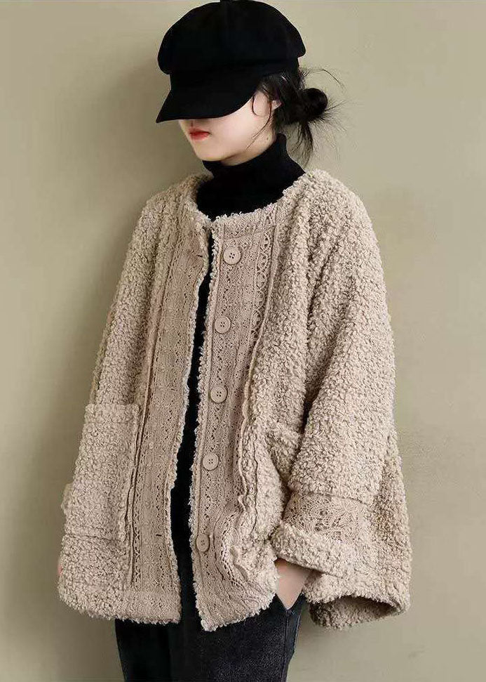  Plus Size Khaki O-Neck Lacer Patchwork Teddy Faux Fur Parka Winter - Down Jackets - DYAVOR® 