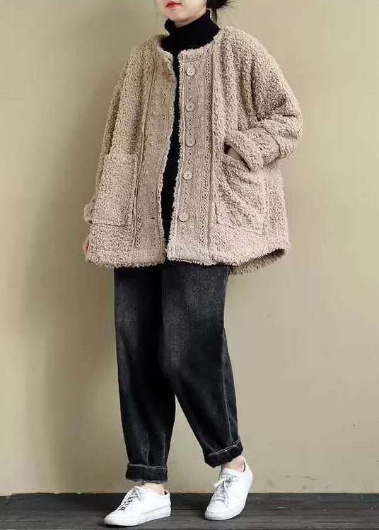  Plus Size Khaki O-Neck Lacer Patchwork Teddy Faux Fur Parka Winter - Down Jackets - DYAVOR® 