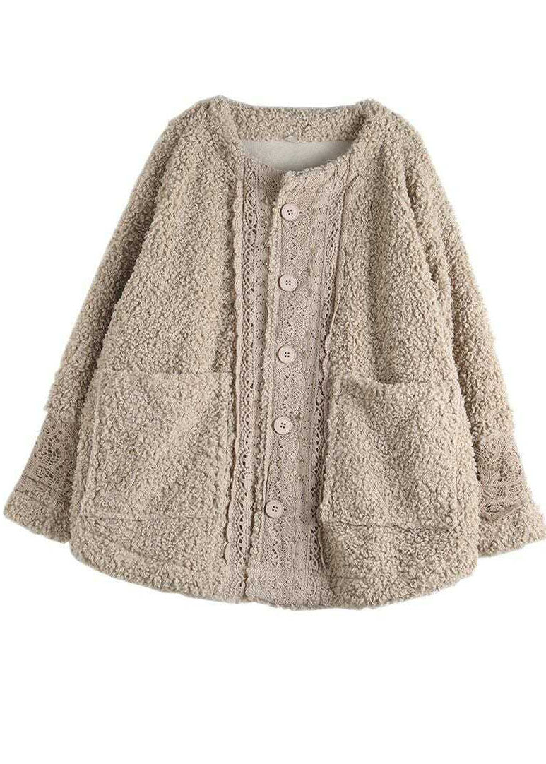  Plus Size Khaki O-Neck Lacer Patchwork Teddy Faux Fur Parka Winter - Down Jackets - DYAVOR® 